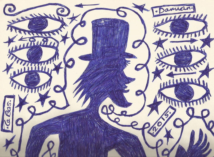 Penn drawing of a man wearing a hat surrounded by eyes
