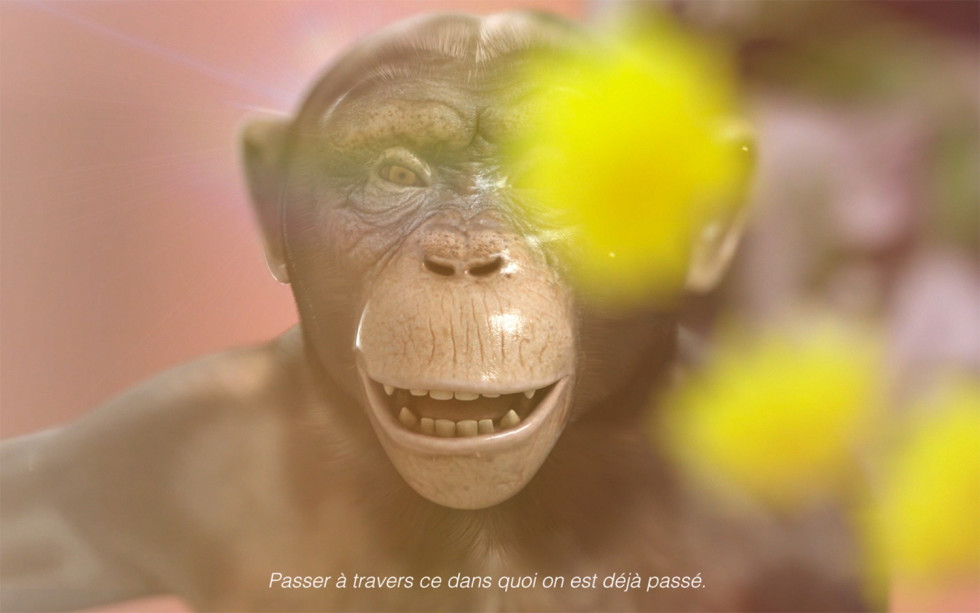 Datoranimerad schimpans riktar blicken mot betraktaren.