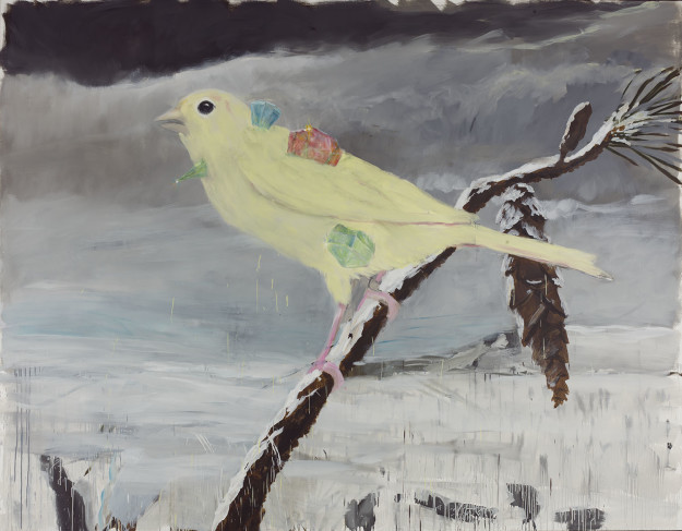 Yellow bird in a tree surrounded by a snowy landscape.