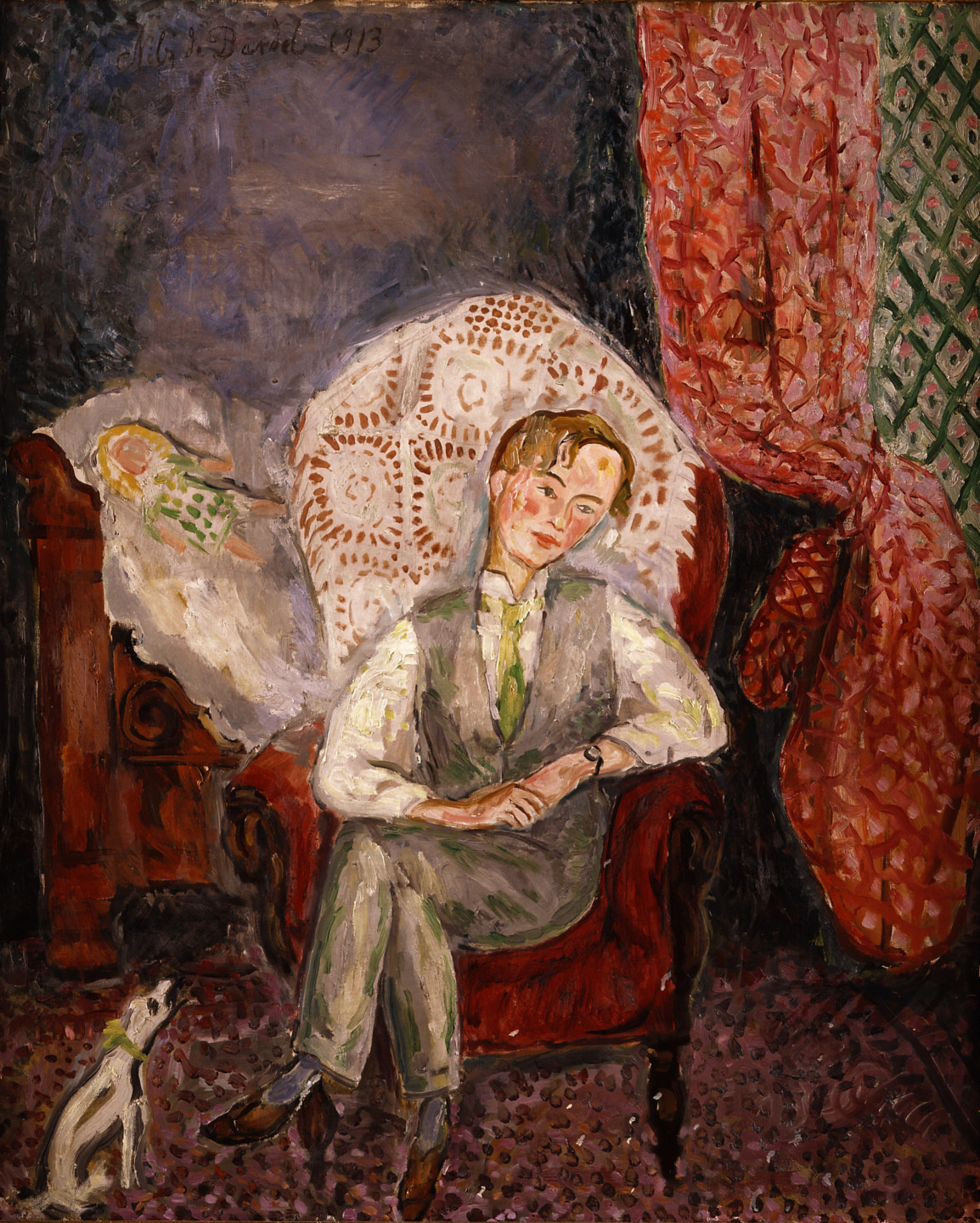 Målning av en man i röd stol