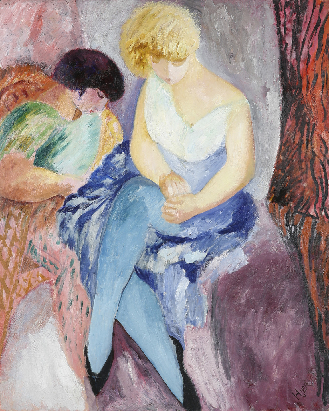 Painting with two females sitting close to each other