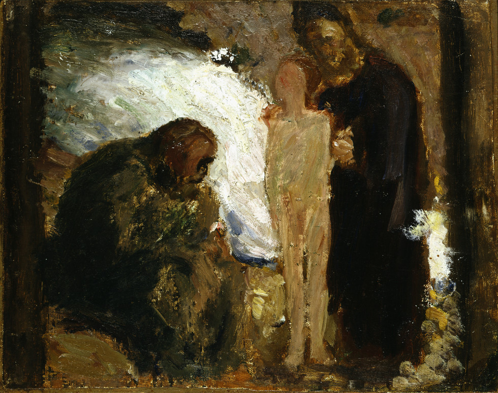 Målning med två stående figurer och en sittande
