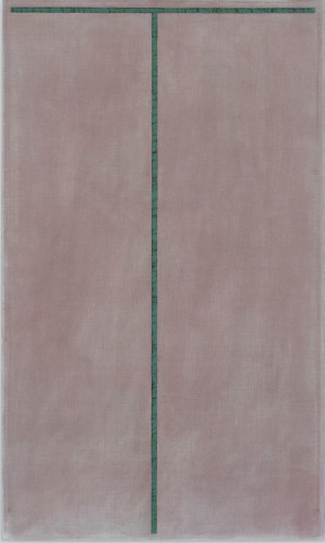 Målning i rosa med gröna linjer