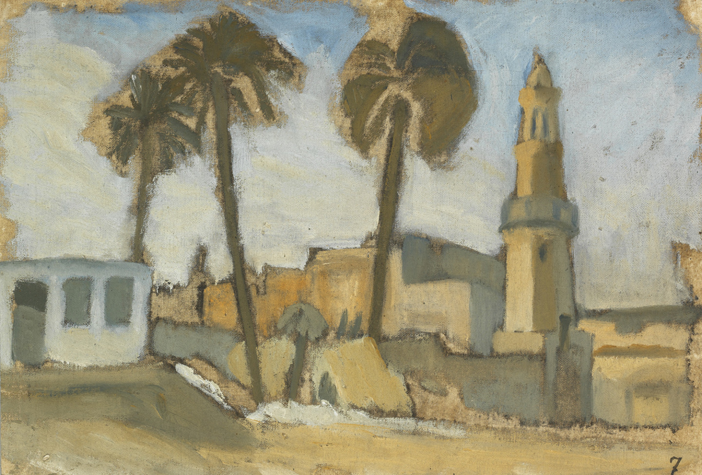 Målning med palmer och byggnader