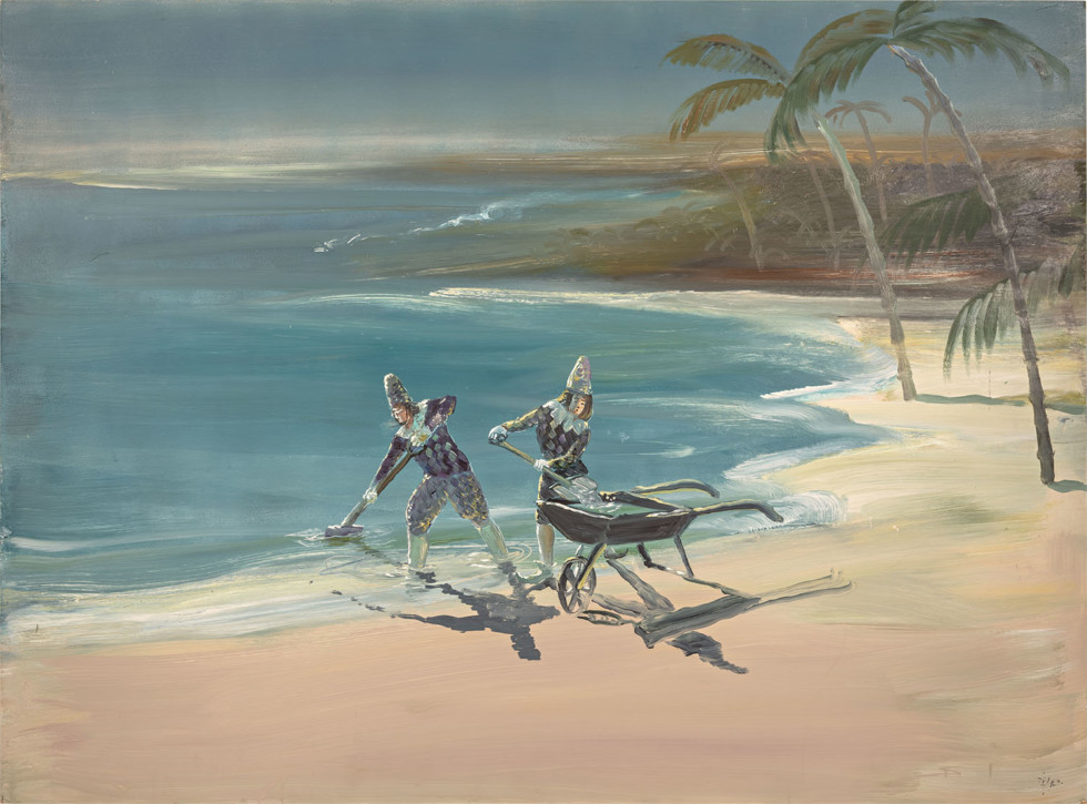Målning med strand och människor