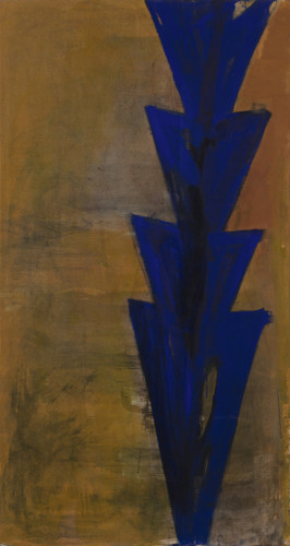 Painting with blue form against brown background