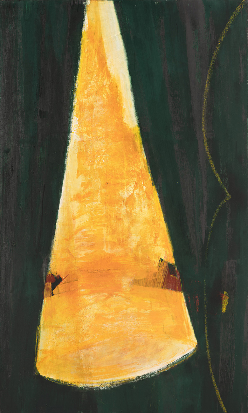 Painting with yellow form against dark background