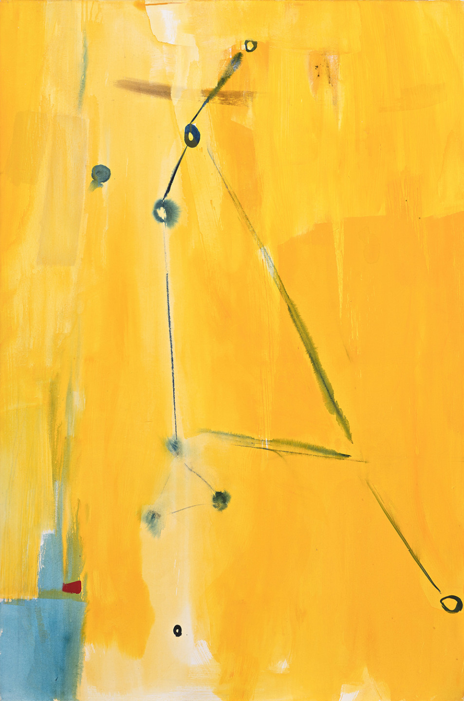 Painting in yellow with blue forms