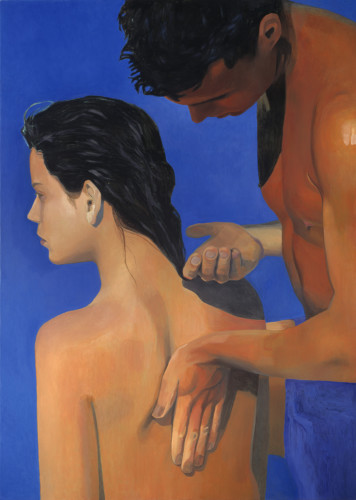 Målning med två personer mot blå bakgrund