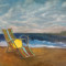 Målning med solstol på strand