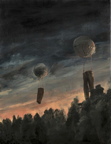 Målning med byxor som luftballonger över landskap