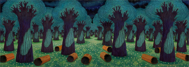 Målning med träd i blått