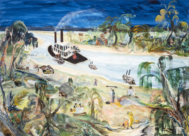 Målning av landskap med mycket människor