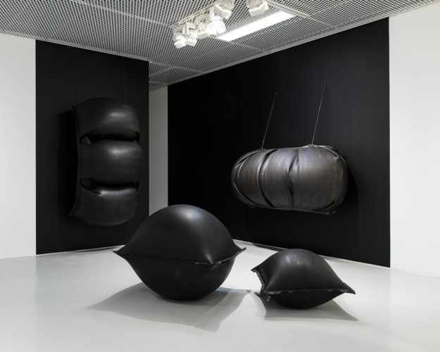 foto av svarta objekt i utställningsrum