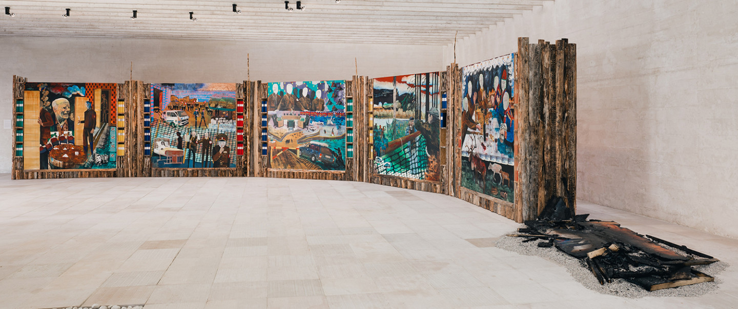 photo of installation with paintings