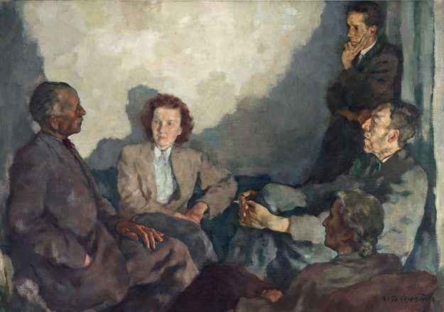 five people in conversation