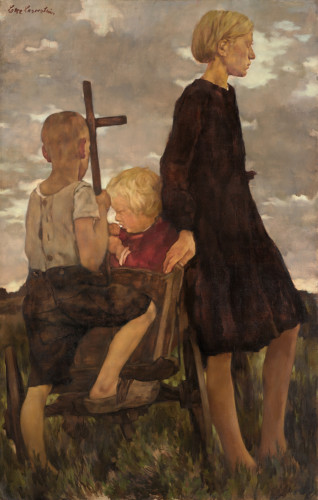 painting with three children and a handcart