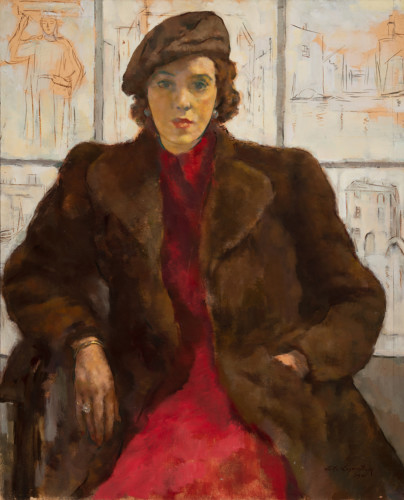 lady sitting dressed in red and a fur coat