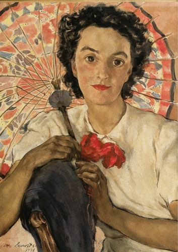 portrait of sitting woman with umbrella