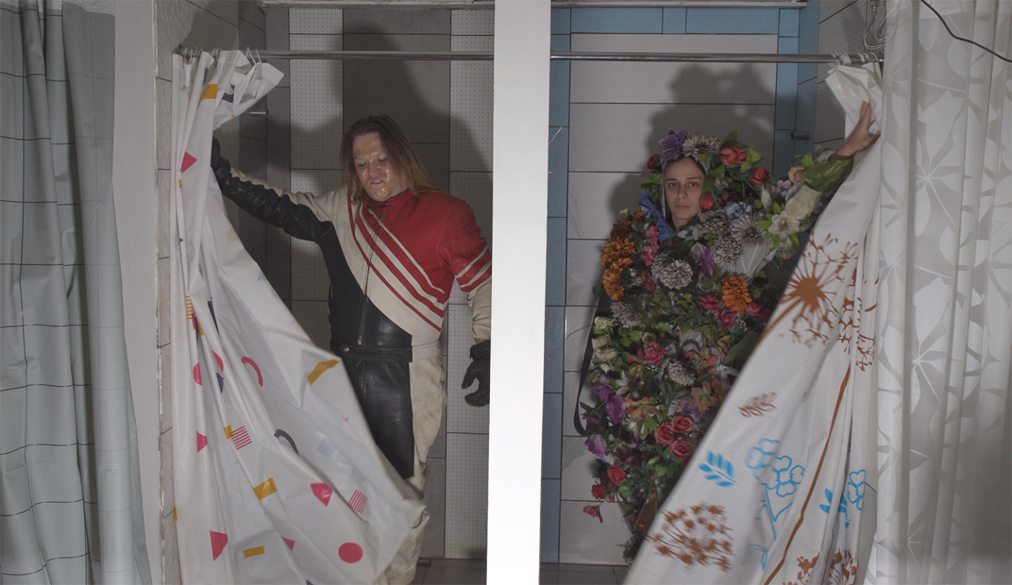 two filmstills with persons opening shower curtain