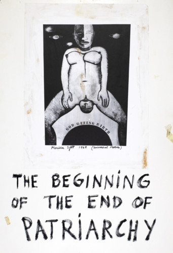poster with text and motif of a woman giving birth
