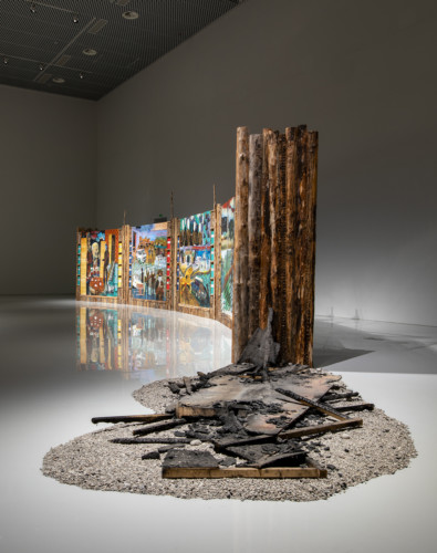 installation with paintings and wood