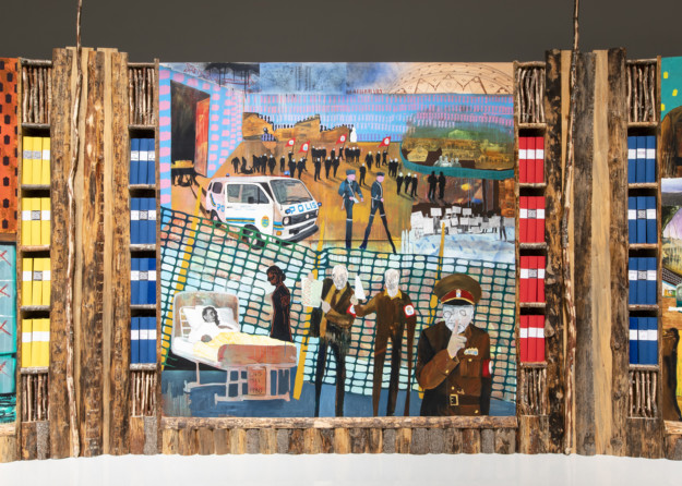 installation with paintings and wood