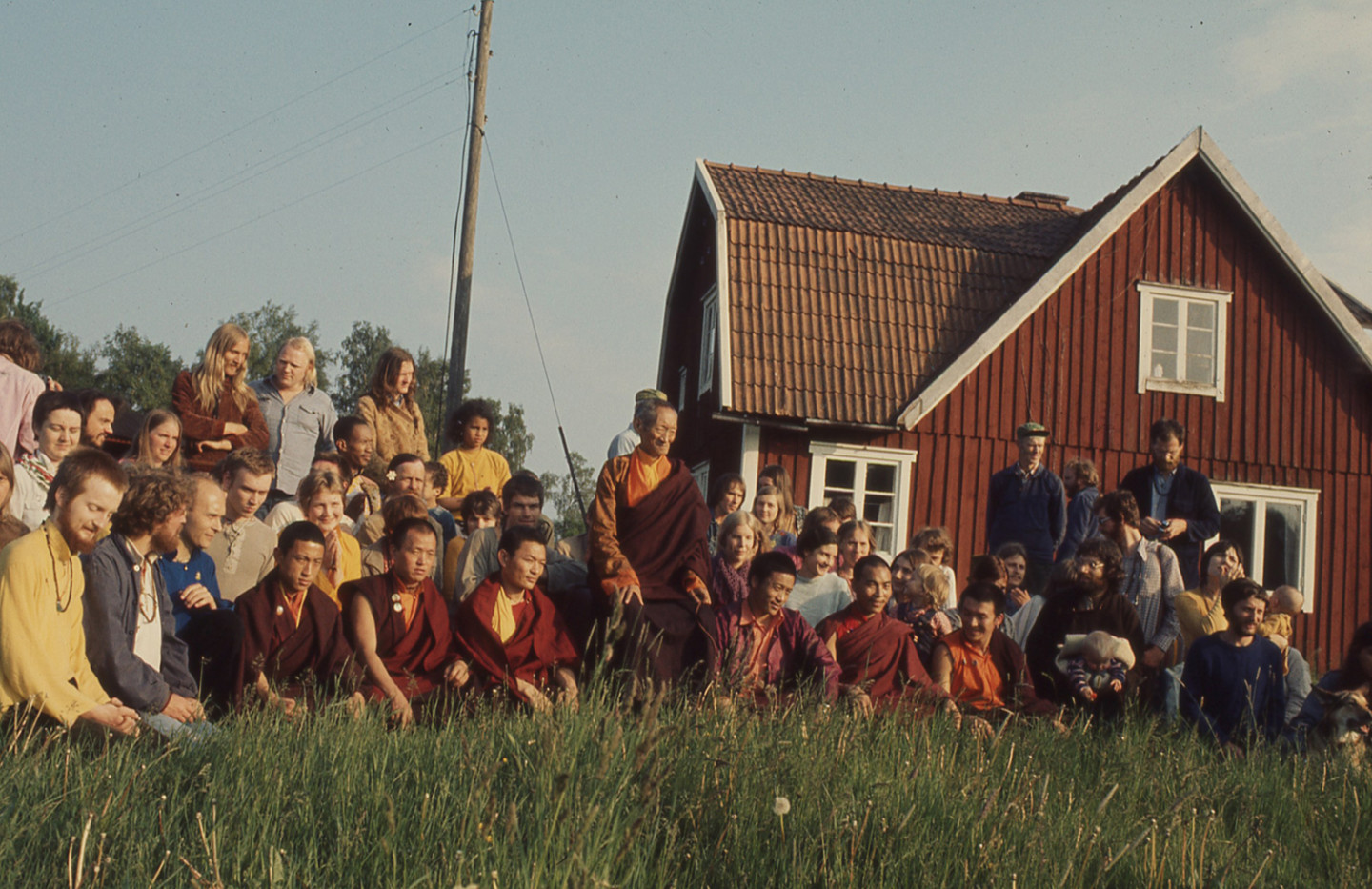 foto av människor på gräsmatta med hus i bakgrunden