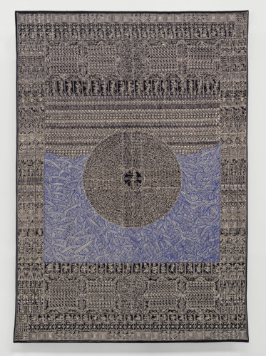 tapestry with abstract pattern in blue and black