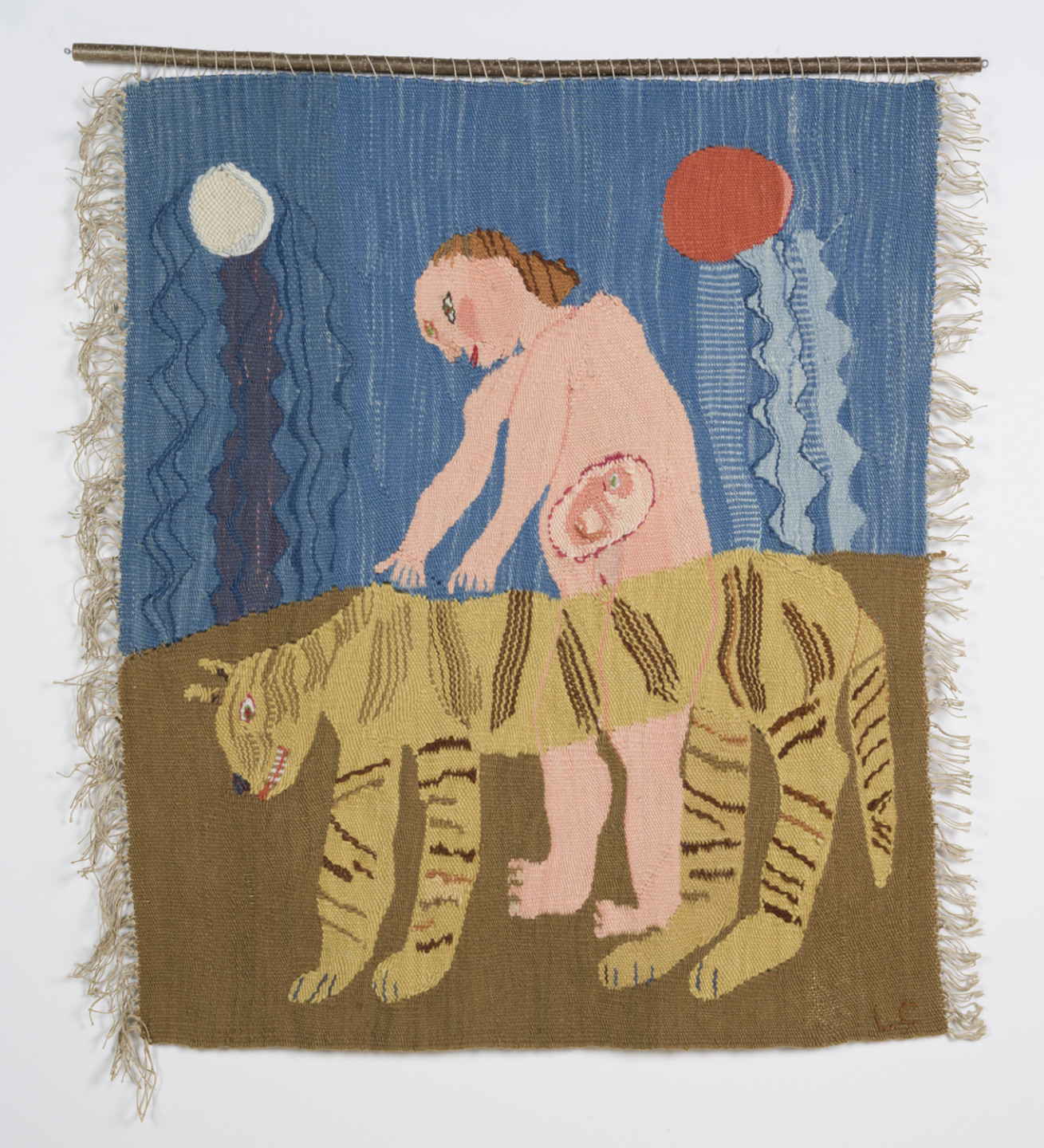 textile work with naked girl and tiger