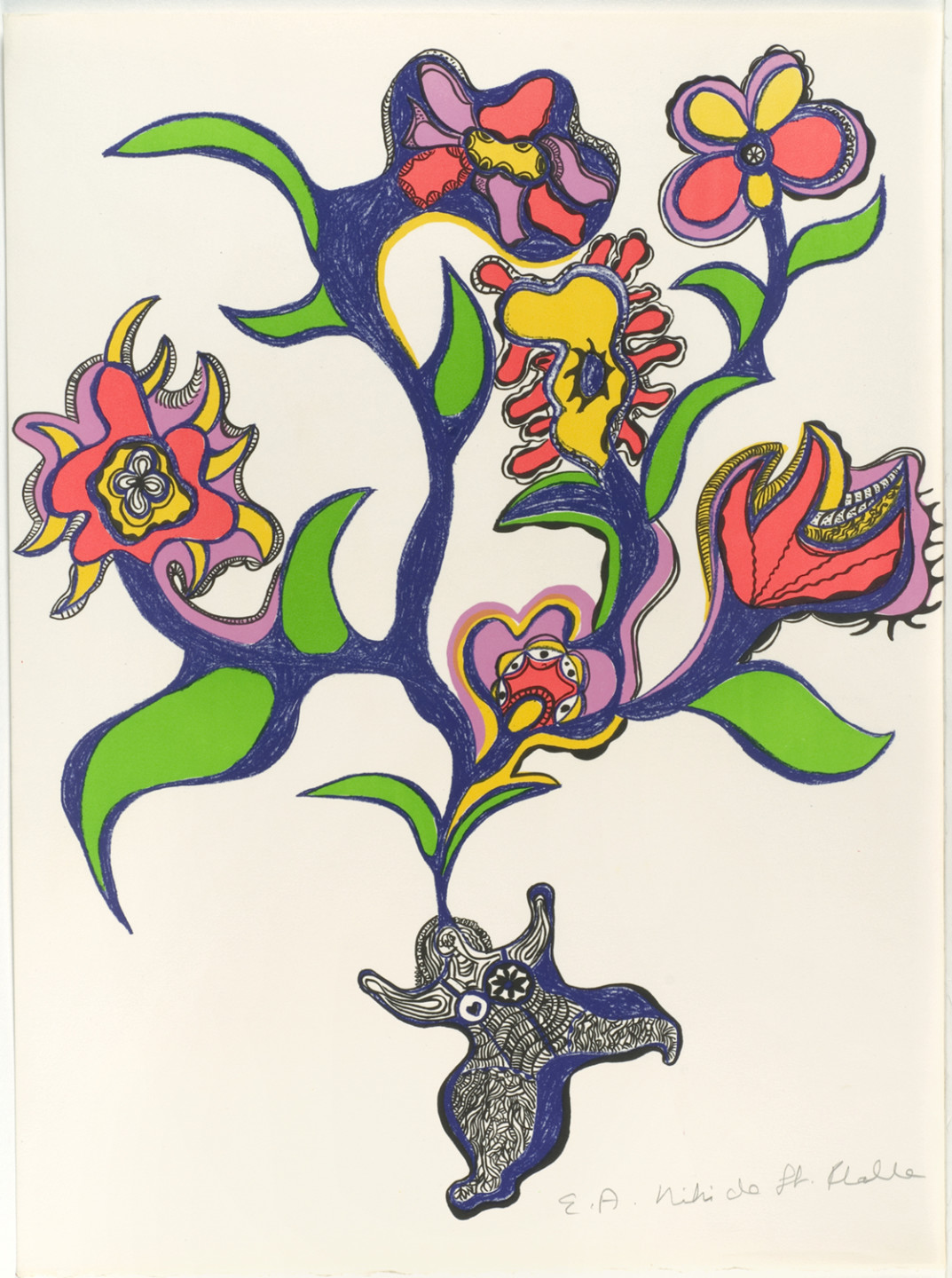 picture with painted flowers and small figure