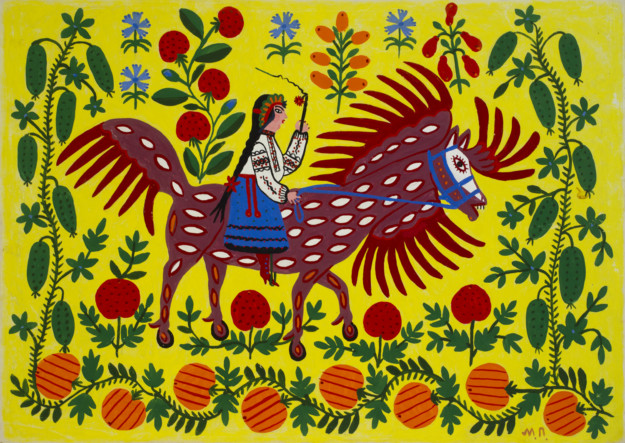 painting with person riding a horse-like animal