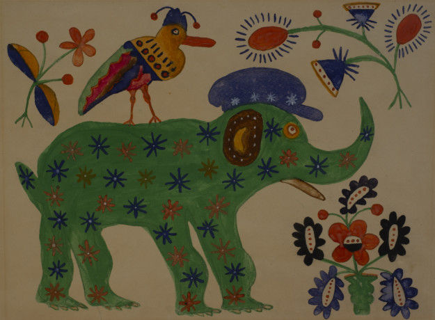 painting with green elephant and flowers and bird