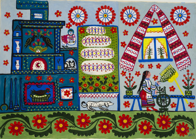 painting with building person spinning and flowers