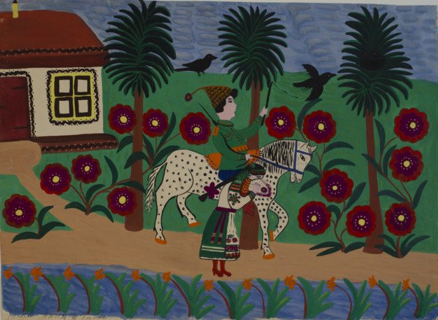 painting with two persons and one riding a horse