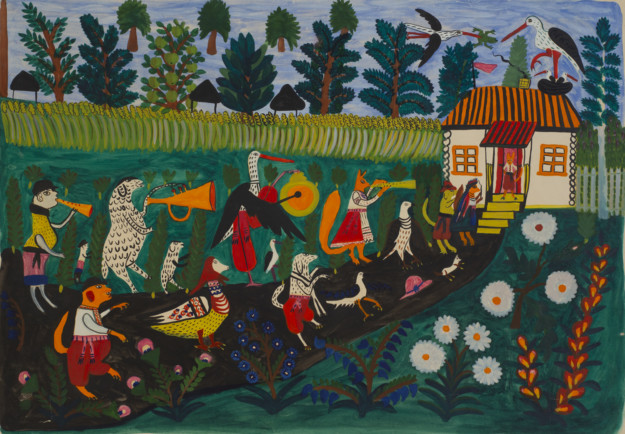 painting with many figures playing instruments inlandscape