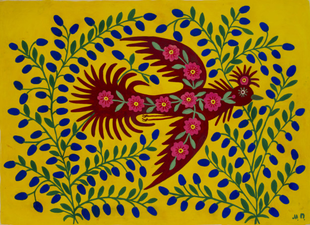 målning med flygande fågel och blommor