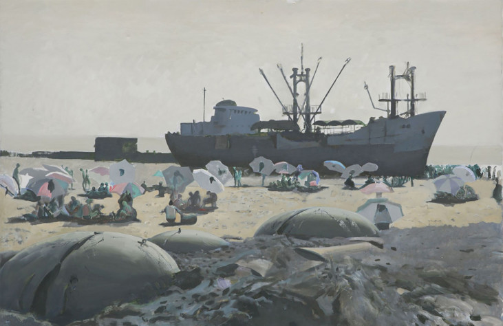 painting with ship and people on beach