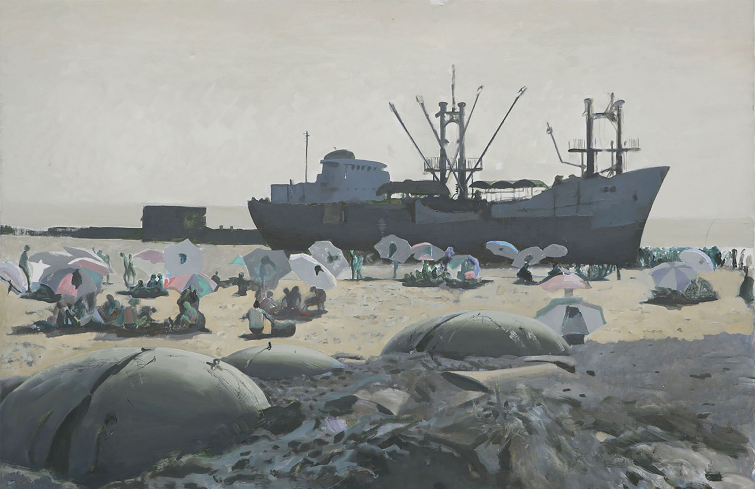 painting with ship and people on beach