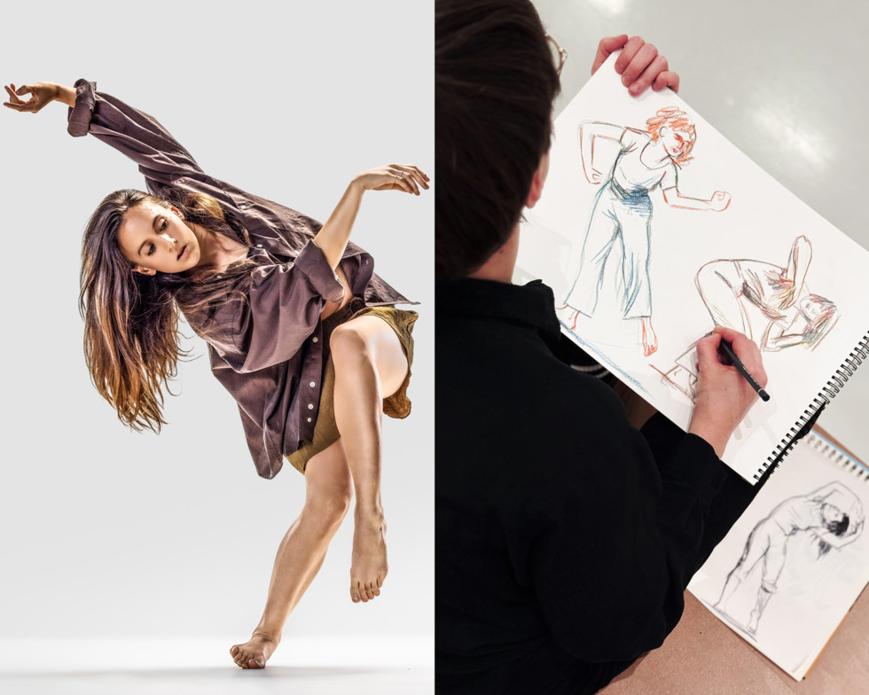 fotocollage med dansare och person som tecknar