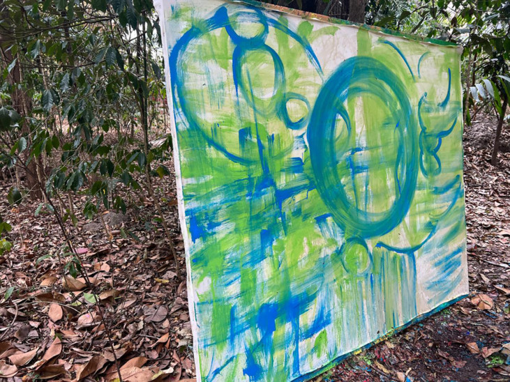 green and blue painting in wood