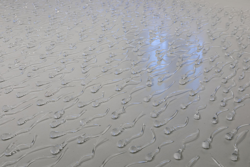 detail of glassculptures in the shape of sperms