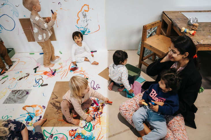 children painting on floor
