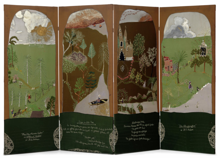 Broderad skärm med landskap