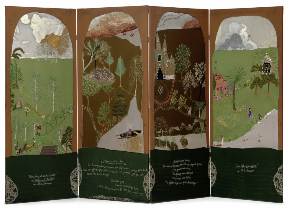 Broderad skärm med landskap