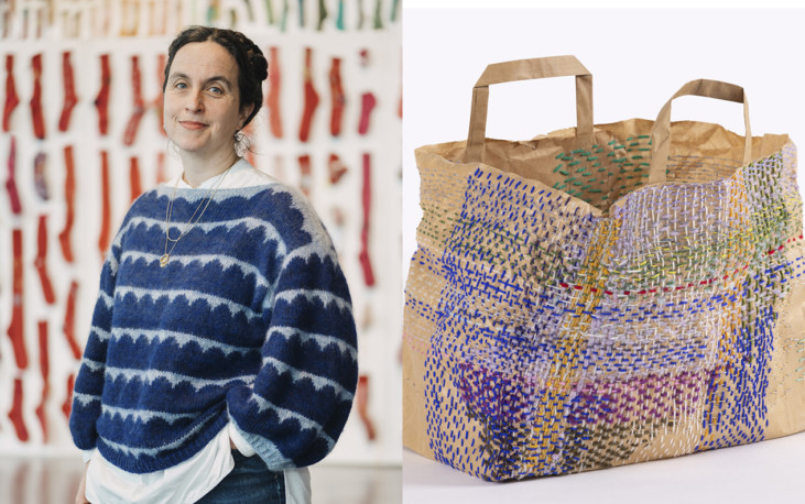 Foto av kvinna i blå tröja och av papperspåse med lagning