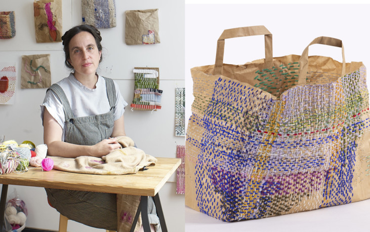 Woman at sewing table and mended paper bag
