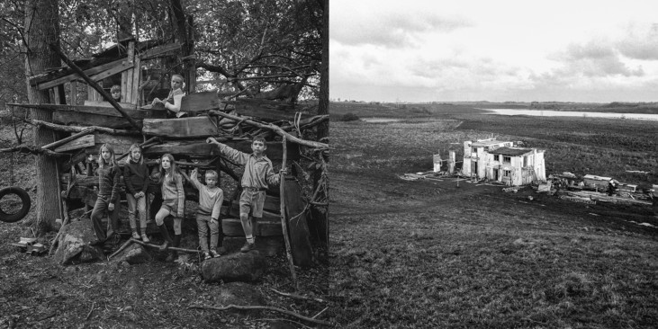 två svartvita foton med barn och byggnad i landskap