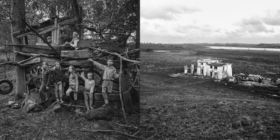 två svartvita foton med barn och byggnad i landskap