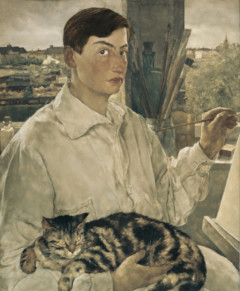 Kvinna med målarstaffli och katt